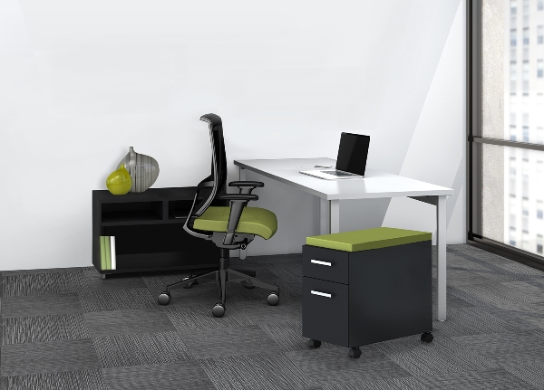 This simple solution includes a mobile pedestal, an open storage cabinet, and a table desk.
