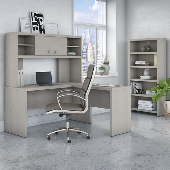 Picture of Office by kathy ireland® Echo ECH033 L -Shaped Desk with Hutch and 5 Shelf Bookcase