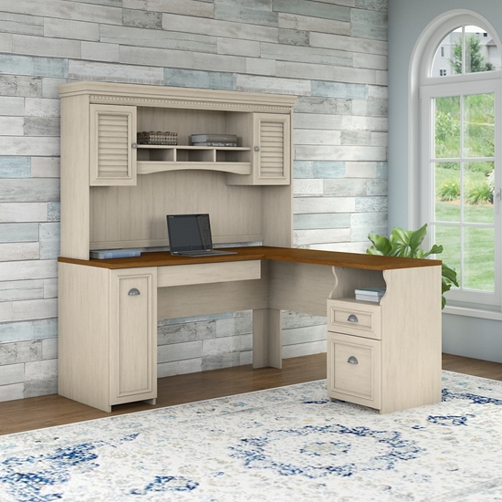 Picture of Bush FVW002 Antique White L Shaped Desk with Hutch