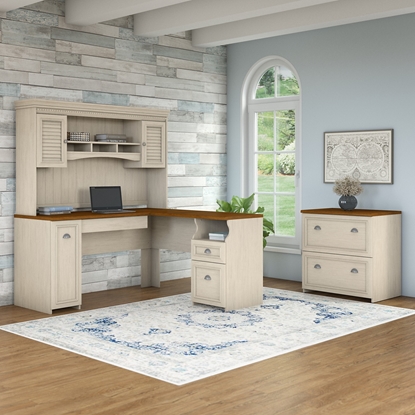 Picture of Bush WC53230-WC53231 Antique White L Shaped Desk with Drawers