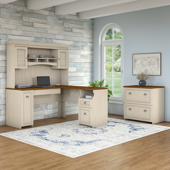 Picture of Bush WC53230-WC53231 Antique White L Shaped Desk with Drawers