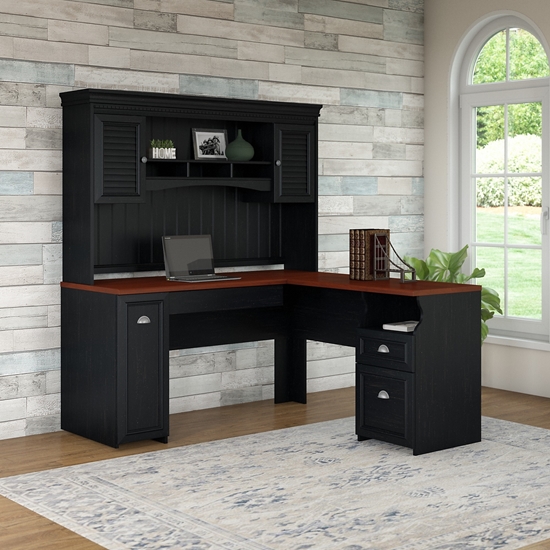 L-Shaped Desk with File, Cabinet, and Overhead Storage